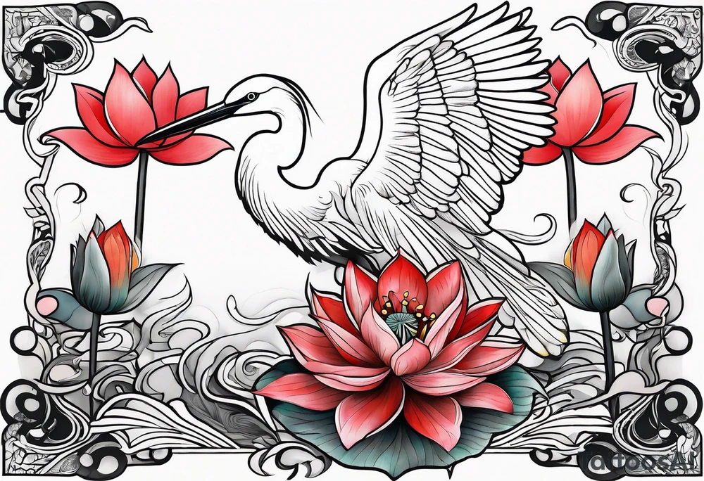 Egret and red lotuses tattoo idea