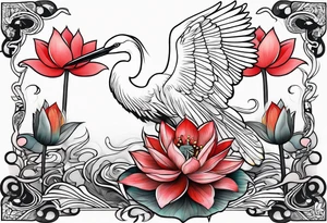 Egret and red lotuses tattoo idea