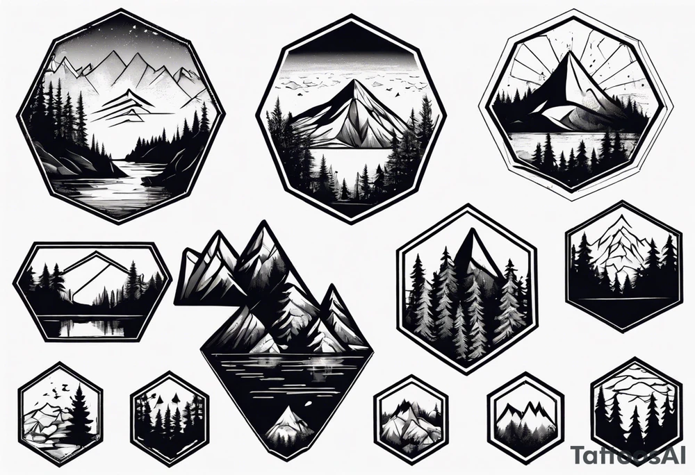 Mountain, coniferous forest and lake in a hexagonal shape tattoo idea Mountain, coniferous forest and lake in a hexagonal shape tattoo idea