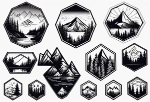 Mountain, coniferous forest and lake in a hexagonal shape tattoo idea