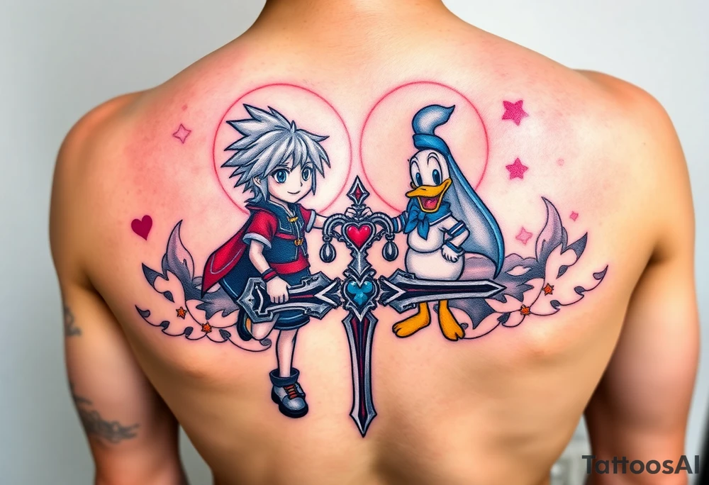 custom Kingdom Hearts tattoo design featuring Sora, Kairi, Riku, Donald, and Goofy together in a dynamic, united pose. The centerpiece should include the Heartless Keyblade, with a beautiful and ethereal Kingdom Hearts-inspired background—think glowing stars, floating islands, and stained-glass elements. The design should capture themes of friendship, light vs. darkness, and adventure. Style should be detailed, fantasy-oriented, and suitable for a large piece (like an upper arm sleeve or back piece).” tattoo idea