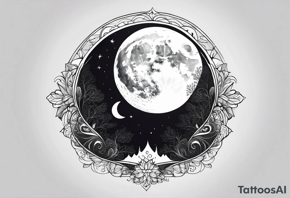 Central Element:

Moon: A crescent moon will be the centerpiece of the design, surrounded by a quote.
Quote: To the stars that listen...and the dreams that are answered. Will be placed around the moon. tattoo idea