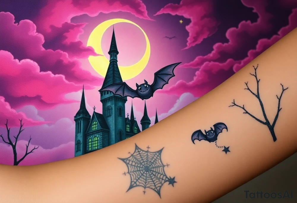 Tim Burton’s haunted castle is abandoned and dripping with muted reds, dusty pinks, and eerie green glow.purple and cyan smokey clouds swirl in the crescent moonlit sky thats sprinkled with stars under the castle an adorable kawaii bat spreads its wings tattoo idea tattoo idea