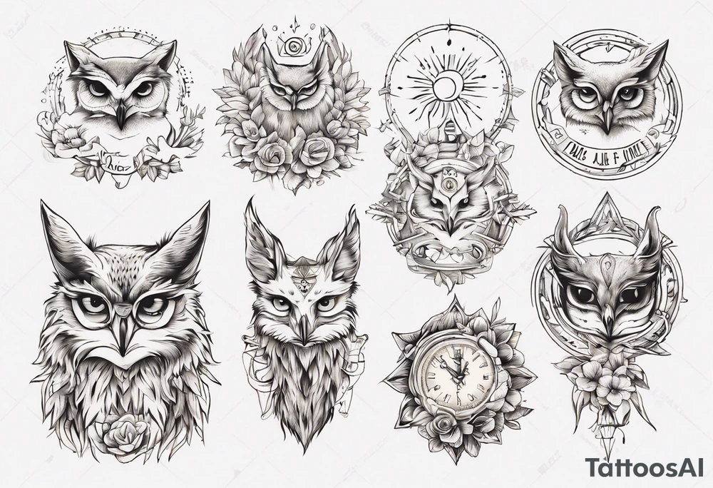 halb 
Fuchs halb Eule unter der Sonne mit dem Schriftzug Sapere Aude tattoo idea