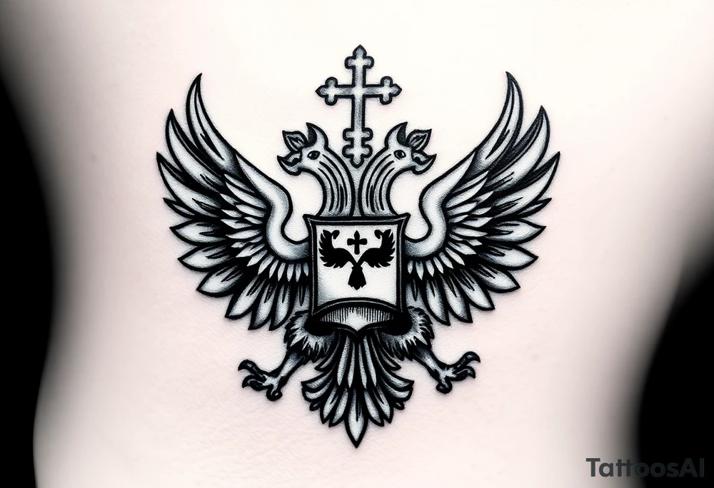 Russian coat of arms with the 2 headed traditional eagles left foot holding a ak47 wand and on the other the tractional orthodox Christian bell with the cross on the top tattoo idea