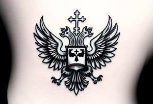 Russian coat of arms with the 2 headed traditional eagles left foot holding a ak47 wand and on the other the tractional orthodox Christian bell with the cross on the top tattoo idea