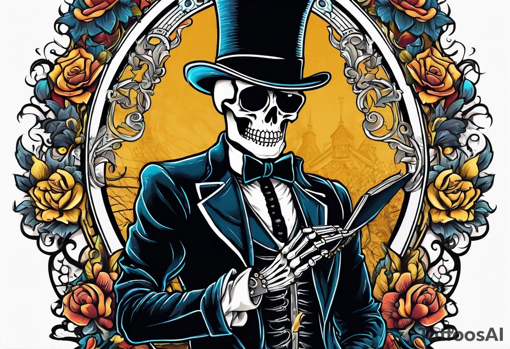 skeleton wearing a top hat holding a holy bible tattoo idea