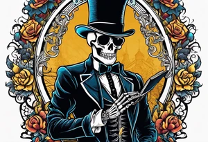 skeleton wearing a top hat holding a holy bible tattoo idea
