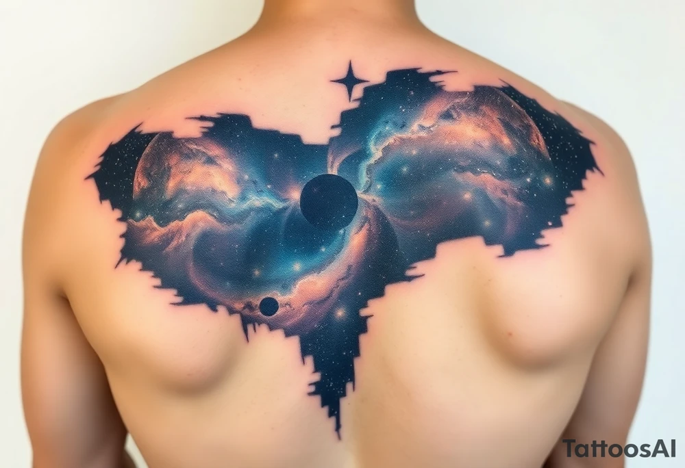 Beautiful and epic 3d milky way that appears to be what is beneath the skin. Make it drape over the shoulder and move to the middle back. use negative spaces to create stars and dust. Incorporate God breathing life into the universe. IKeep it symmetrical tattoo idea