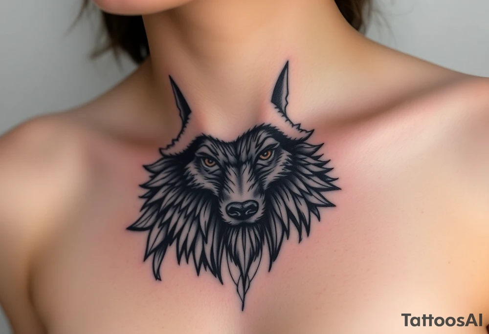 Big bad wolf nursery rhyme wearing a sheep costume with sheep head hood to kill and eat the three little pigs and little red riding hood tattoo idea
