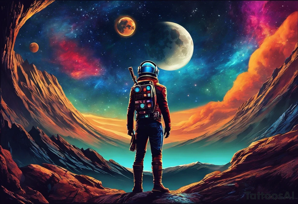 I want a tattoo with the idea and imagery about overcoming depression. I am particularly attached to the the idea of Kid Cudi’s man on the moon and man on the moon type imagery. I would like the general theme to be space related. I like the image of star lord and yondu from guardians of the galaxy when they are floating into space and yondu says I wasn’t your father but I am your daddy. General sci fi and space themes are welcome. Overall, I want a sense of overcoming difficulties. This would be an arm sleeve tattoo idea