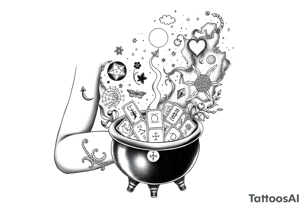 Milky way filled with zodiac symbols runes tarot cards coming out of a cauldron tattoo idea