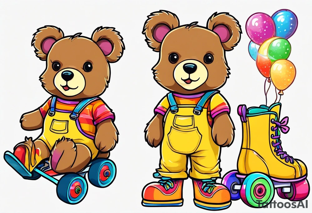 A light brown teddy bear in yellow overalls and rainbow colored roller skates tattoo idea