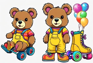 A light brown teddy bear in yellow overalls and rainbow colored roller skates tattoo idea