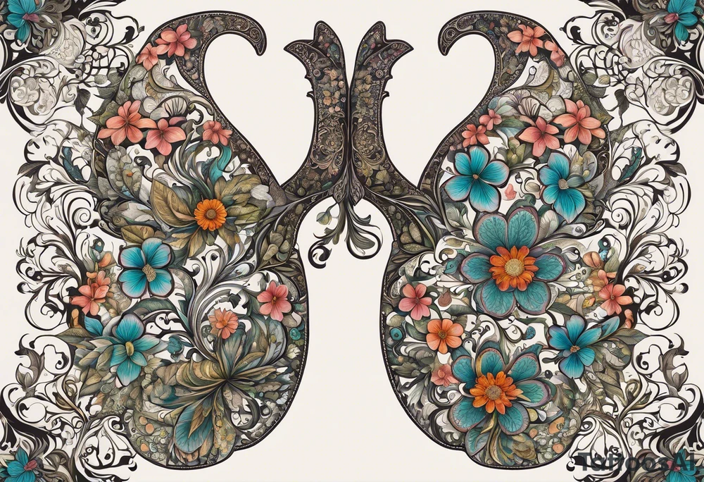 intricate and artistic arrangement of flowers and ornamental patterns that come together to form the shape of human lungs. The design should have a balance of delicacy and detail, with vibrant floral elements seamlessly intertwining to mimic the structure of the lungs, including the bronchi branching into floral motifs. Incorporate subtle shading and depth to give the tattoo a dynamic and organic feel, while maintaining elegance and symmetry tattoo idea