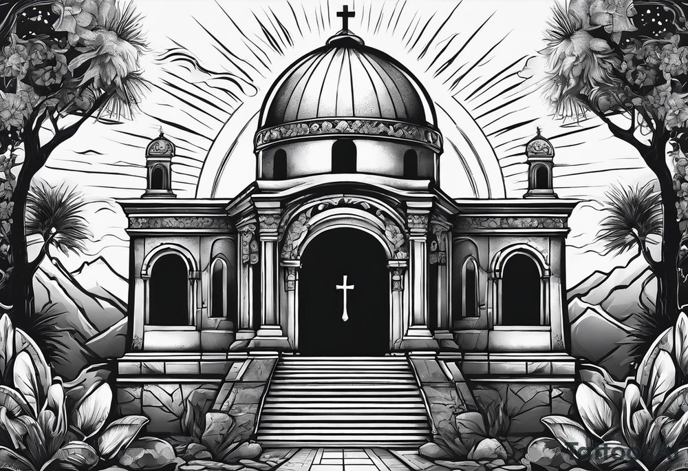 Tomb with cross and sun in the background tattoo idea