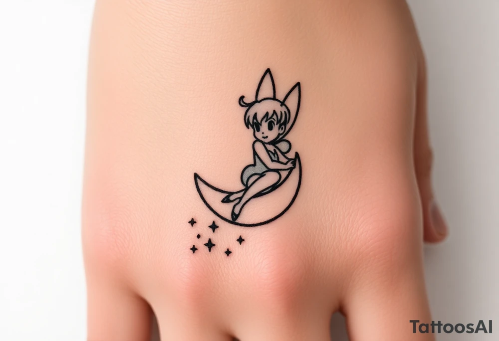 Tinkerbell sitting on a half moon thrown pixie dust tattoo idea
