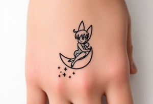 Tinkerbell sitting on a half moon thrown pixie dust tattoo idea
