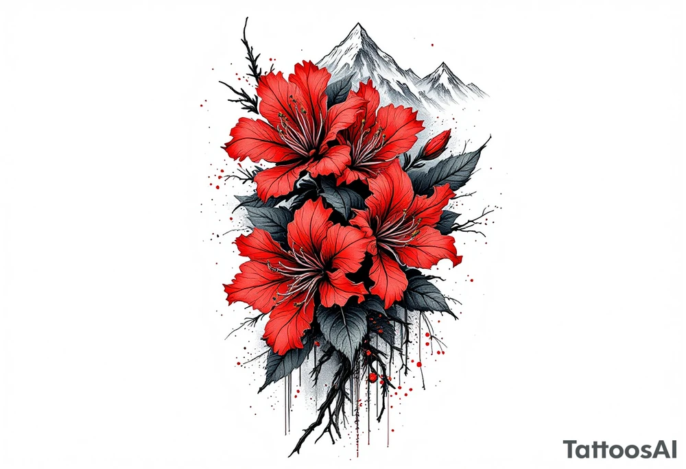 vertical wrist size red  and black rhododendron trippy with Himalayas behind tattoo idea