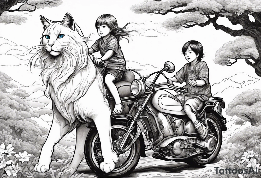 a thin blond boy with long hair and blue eyes of about 10 years old accompanied by two six-year-old twins, one a little chubby, with brown hair down to her shoulders, the three of them riding on a giant white cat tattoo idea