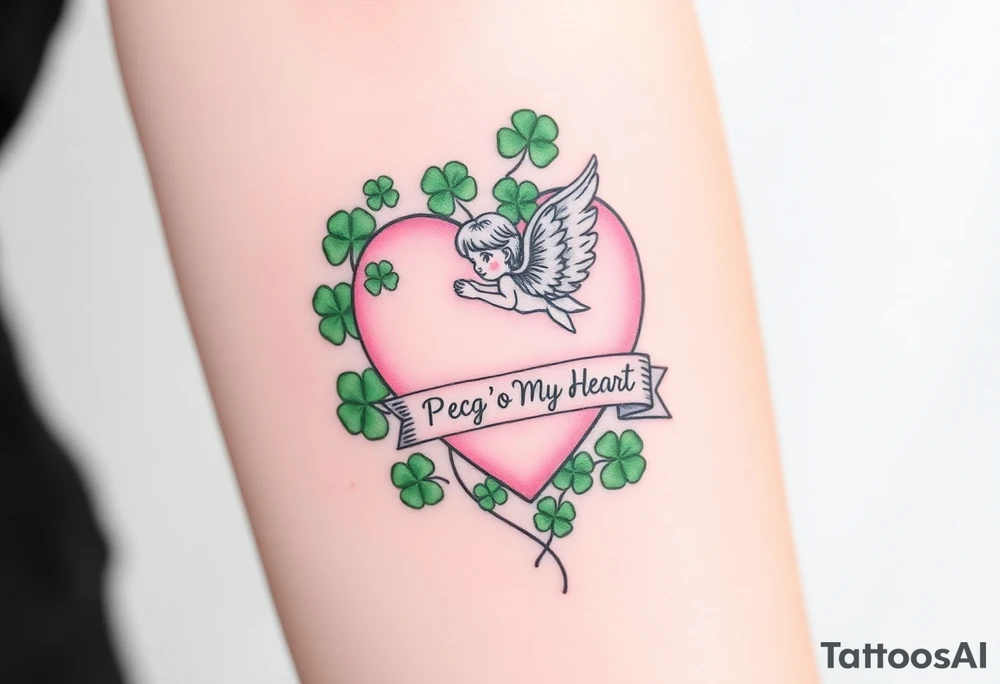 a big pale pink heart and a whimsical angel in a bunch of green shamrocks, with a banner across the heart that says Peg 'o My Heart tattoo idea