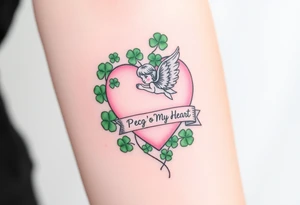 a big pale pink heart and a whimsical angel in a bunch of green shamrocks, with a banner across the heart that says Peg 'o My Heart tattoo idea