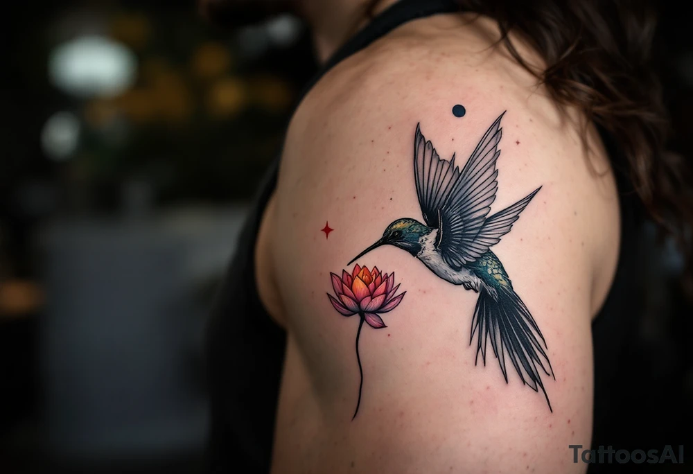 A hummingbird drinking from a lotus flower with one wing made of light (sun disc) and the other made of shadow (crescent moon) (red and black only) tattoo idea