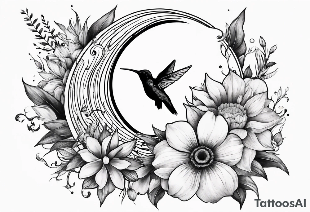 Floral sun and moon with hummingbird tattoo idea