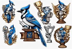 bluejay in a suit holding a trophy tattoo idea