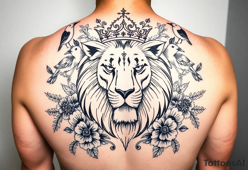 powerful majestic lion with a crown, surrounded by floral ornaments and birds tattoo idea