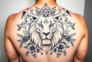 powerful majestic lion with a crown, surrounded by floral ornaments and birds tattoo idea