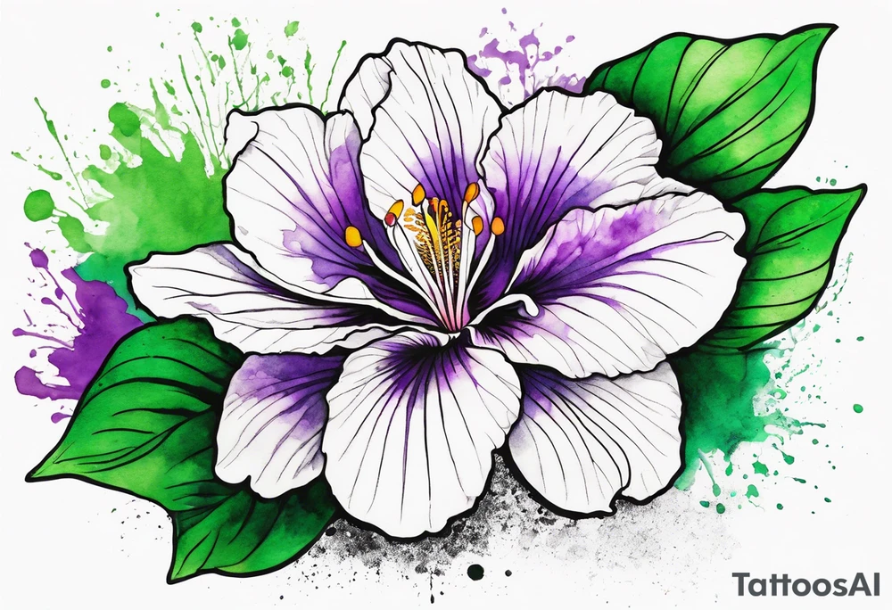 An outline of a rio dipladenia flower with a green/purple watercolor splash in the background tattoo idea