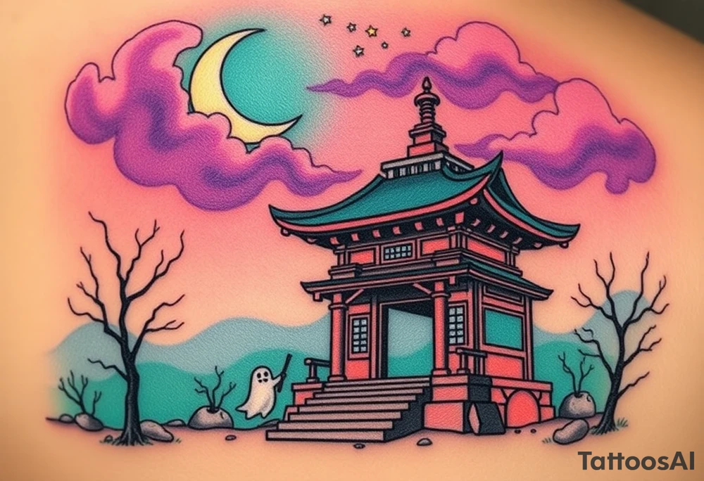 Tim Burton’s haunted pastel Tokyo shrine is abandoned except for one lone samurai ghost and dripping with muted reds, dusty pinks, and eerie green glow.purple and cyan smokey clouds swirl in the crescent moonlit sky thats sprinkled with stars tattoo idea tattoo idea