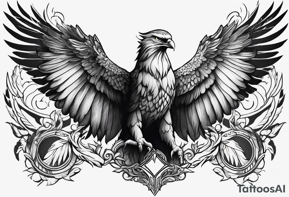Phoenix with eagle, deer and owl shadowing in the left wing and tiger and raven shadowing in the right wing tattoo idea
