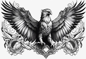 Phoenix with eagle, deer and owl shadowing in the left wing and tiger and raven shadowing in the right wing tattoo idea