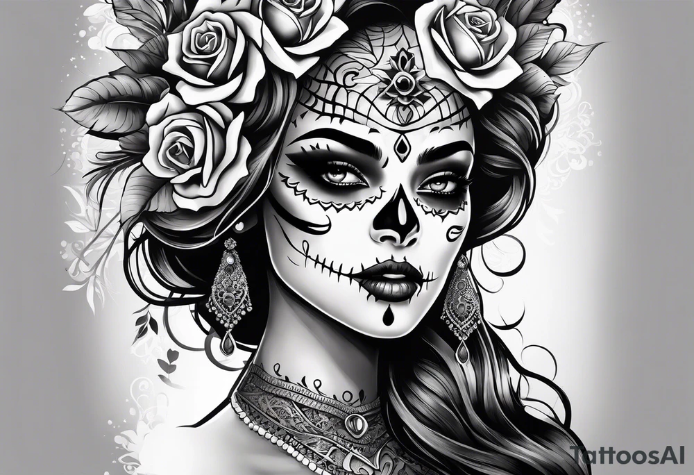 ghost, woman's face, day of the dead, zoomed out tattoo idea