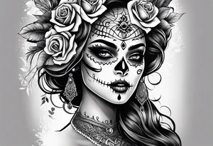 ghost, woman's face, day of the dead, zoomed out tattoo idea