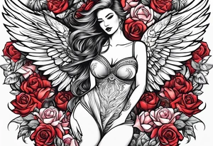 Beautiful woman angle with wings standing from head to toe imagine surrounded by roses tattoo idea