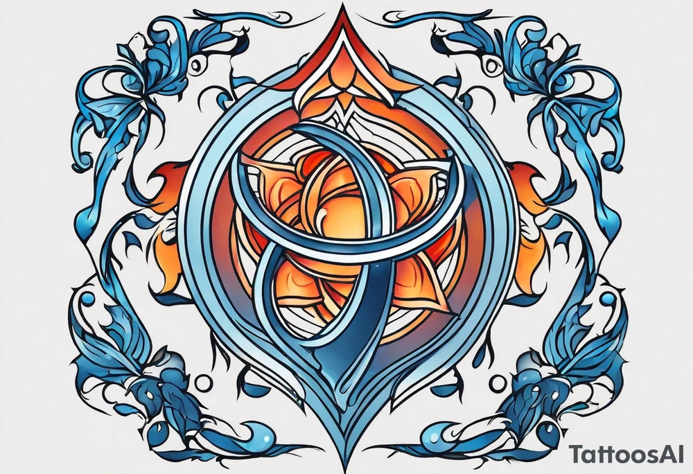 Twin flame symbol. Tattoo should be the size of a half dollar. Symbol should be minimalistic and have clean lines. Give it fire. Straight clean line border around the fire. Fire color is blue intertwined with orange and red. No cartoon variations. tattoo idea