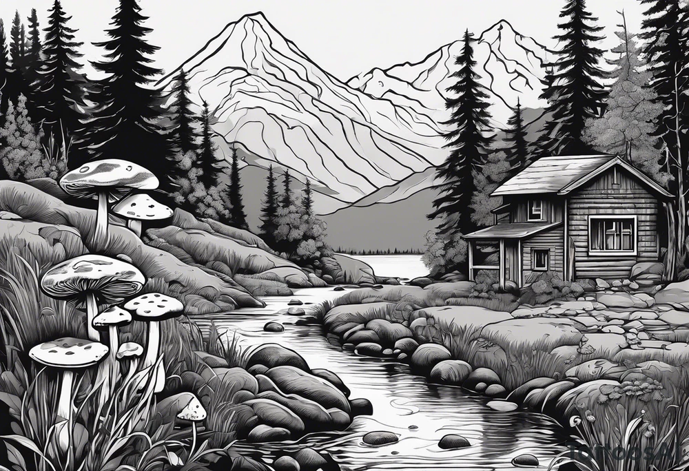 Family silhouette of a father, a mother, oldest son, middle daughter, and small daughter foraging mushrooms with mountains and creek in background tattoo idea