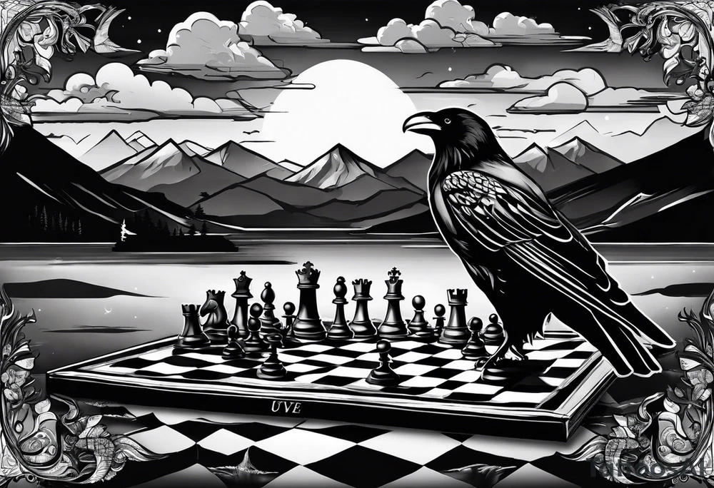 Books, chessboard with king and queen piece, background in a mountain night time  and ravens tattoo idea