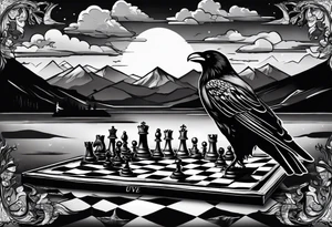 Books, chessboard with king and queen piece, background in a mountain night time  and ravens tattoo idea