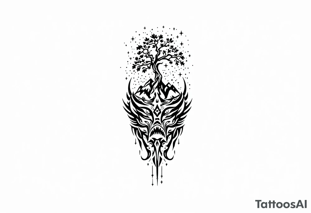 tattoo that has an acacia tree with mountains, ocean with a ship wreck with sharks and the bright northern star tattoo idea