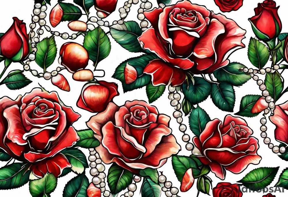 Red roses with a chain of pearls and seashells tattoo idea