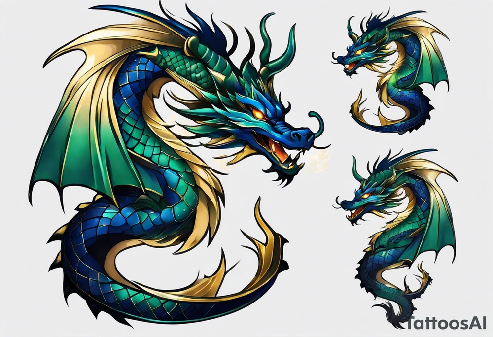 Anime Tattoo: An epic with no wings, floating. Its long body coiling dynamically, with scales and horns detailed to create a sense of movement and strength. The dragon's main color is midnight blue but features little accents in dark green and gold, giving a vibrant depth and a mystical aura. This tattoo highlights the dragon’s fierce expression and sharp claws as it wraps protectively around the leg. Style: Anime tattoo idea