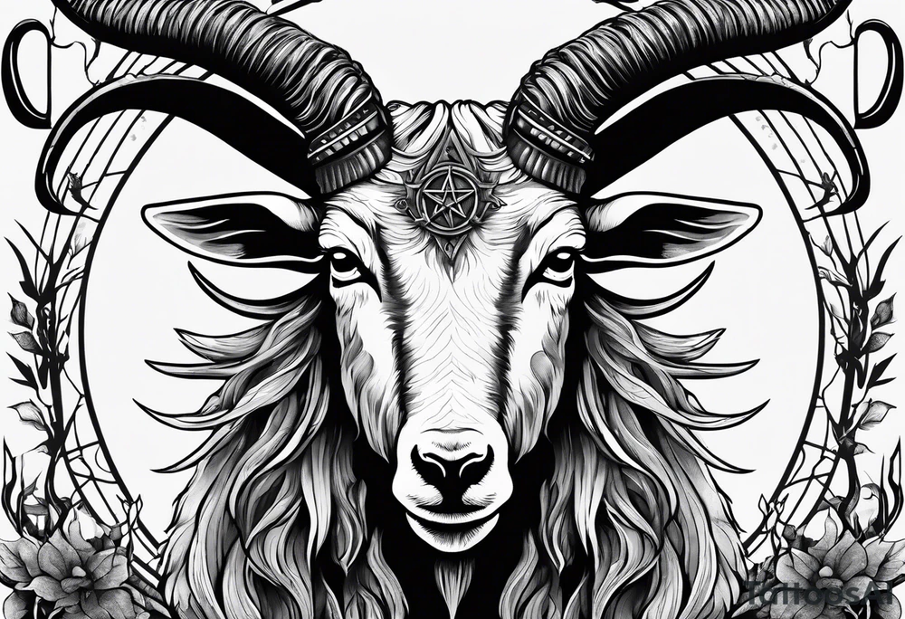 Satanic goat with horns (full body) in a forest with a pentagram in it’s forehead tattoo idea
