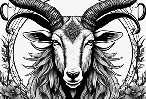 Satanic goat with horns  (full body) in a forest with a pentagram in it’s forehead tattoo idea