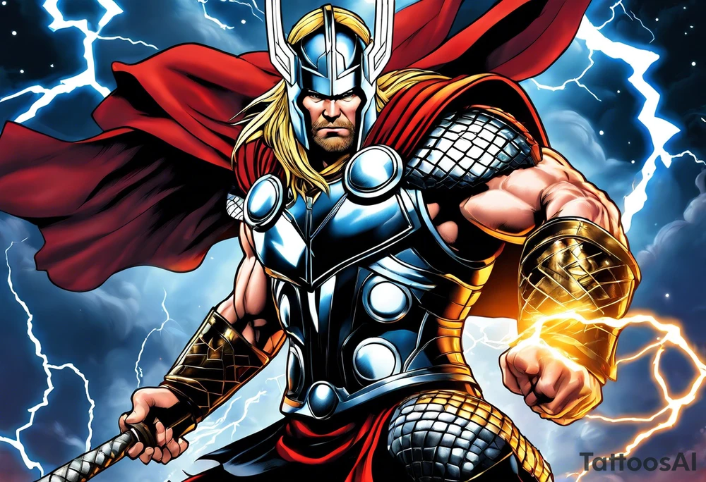 The Mighty Thor  with lightning in the background tattoo idea