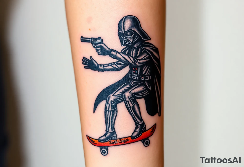 Darth Vader skateboarding with gun> bullets > memorial > god > colors > futuristic/space/star wars
add name "Darth Carter" on skateboard
add date 12/29/88-01/06/24 tattoo idea