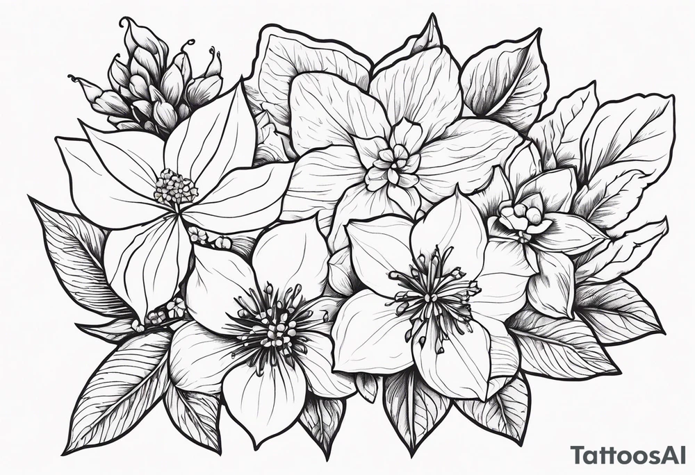 Hydrangea, Narcissus, Poinsettia, Holly, Gladiolus, Poppy, Daisy, Sweet Pea floral tattoo idea